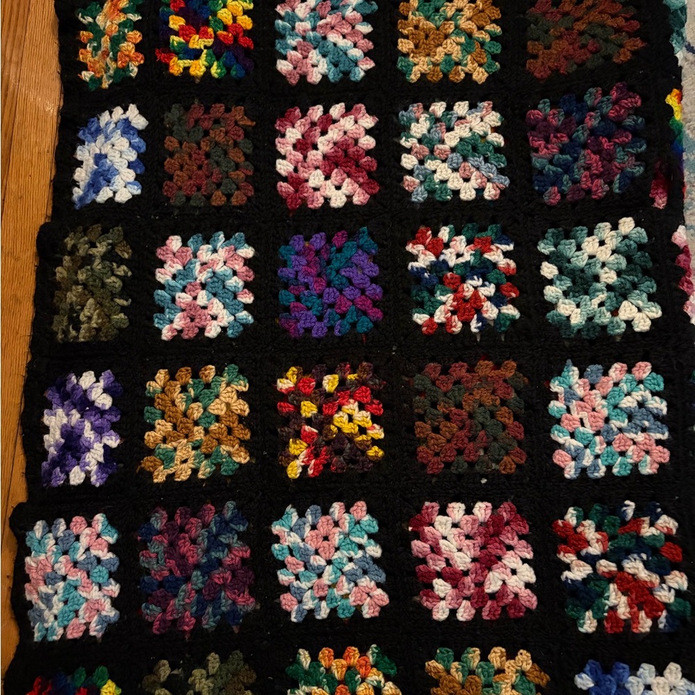 Handmade Multicolor Granny Square Crochet Blanket with Black Border